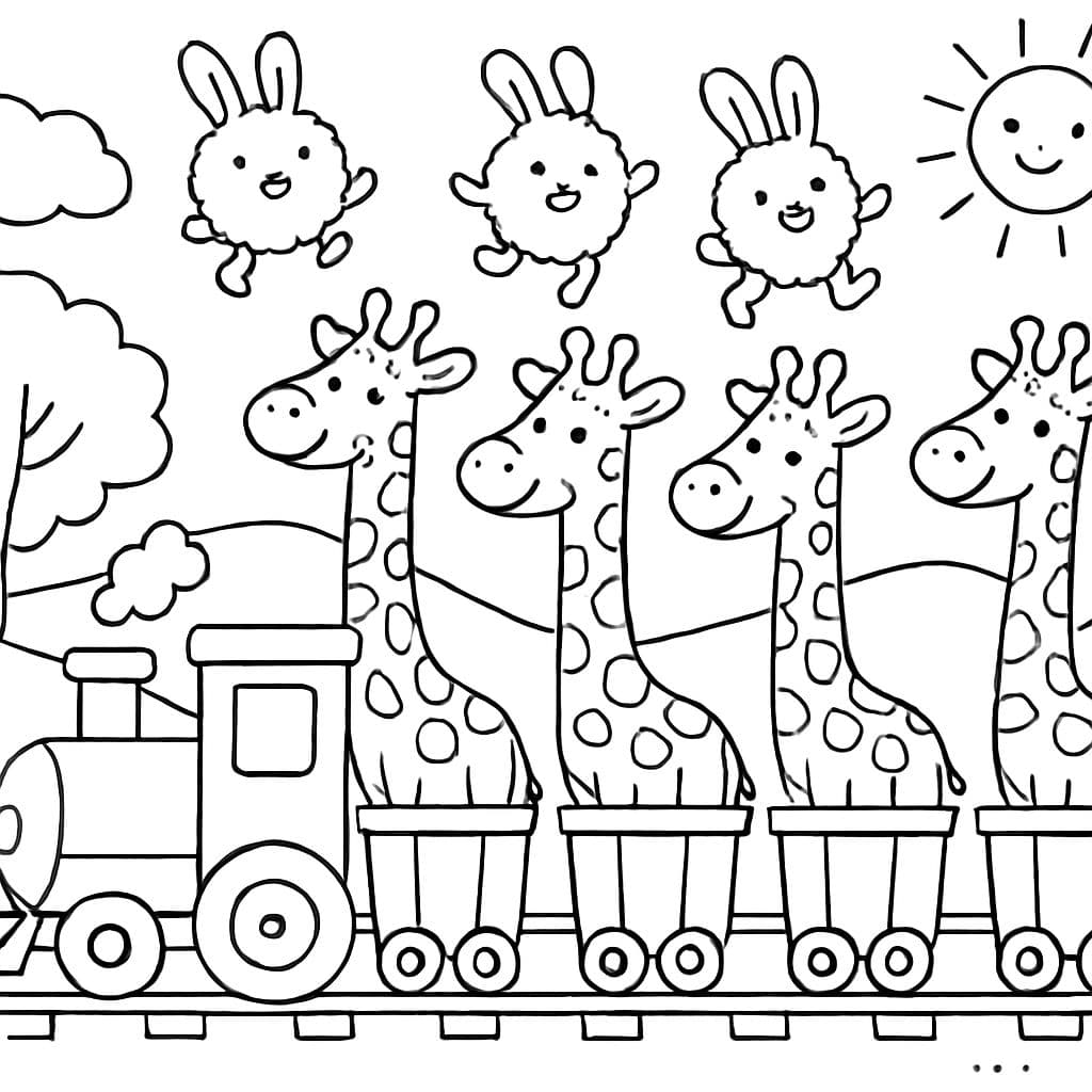 Un tren con cinco jirafas sentadas en él, en el que bolas esponjosas con caras y orejas de conejo están haciendo equilibrio