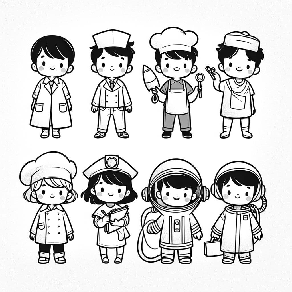 Siete niños de diferentes etnias usando sus uniformes de una variedad de campos profesionales.