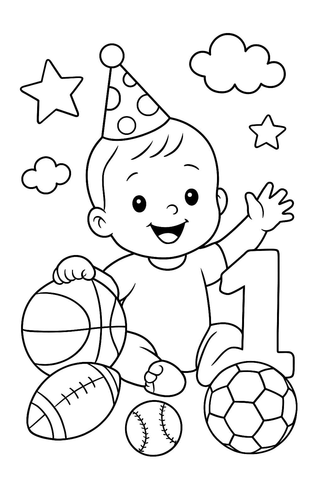 Um menininho comemora seu 1º aniversário cercado por bolas de esportes.