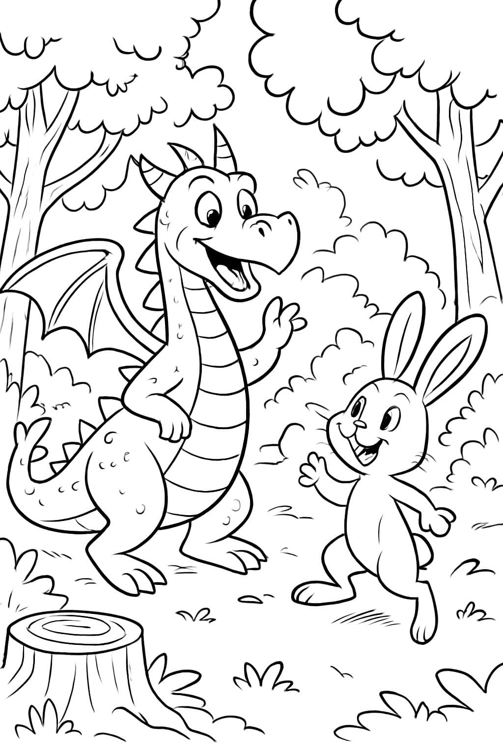 un dragón y un conejo en un bosque, fácil de dibujar