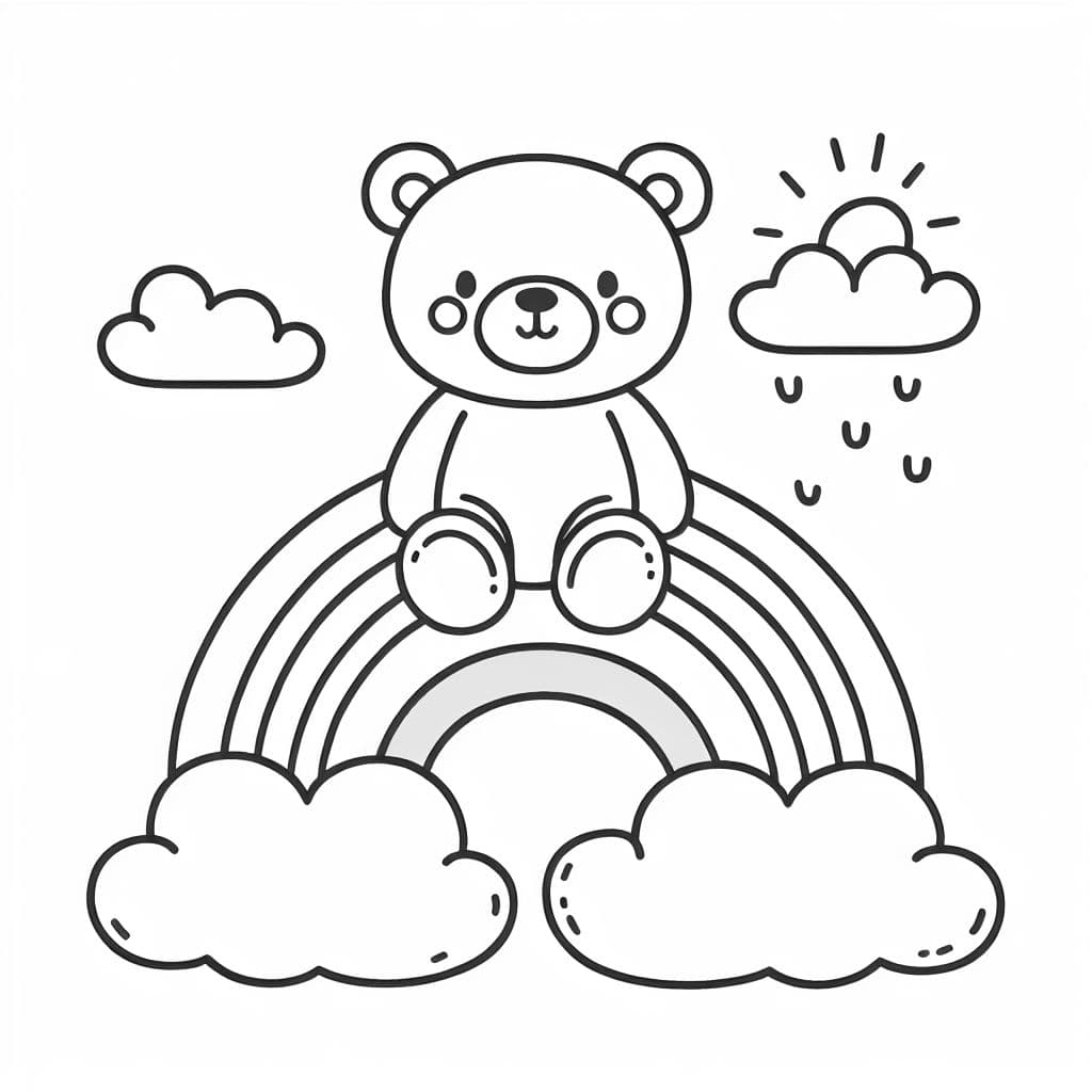 Einen runden teddybär auf einem Regenbogen in den wolken