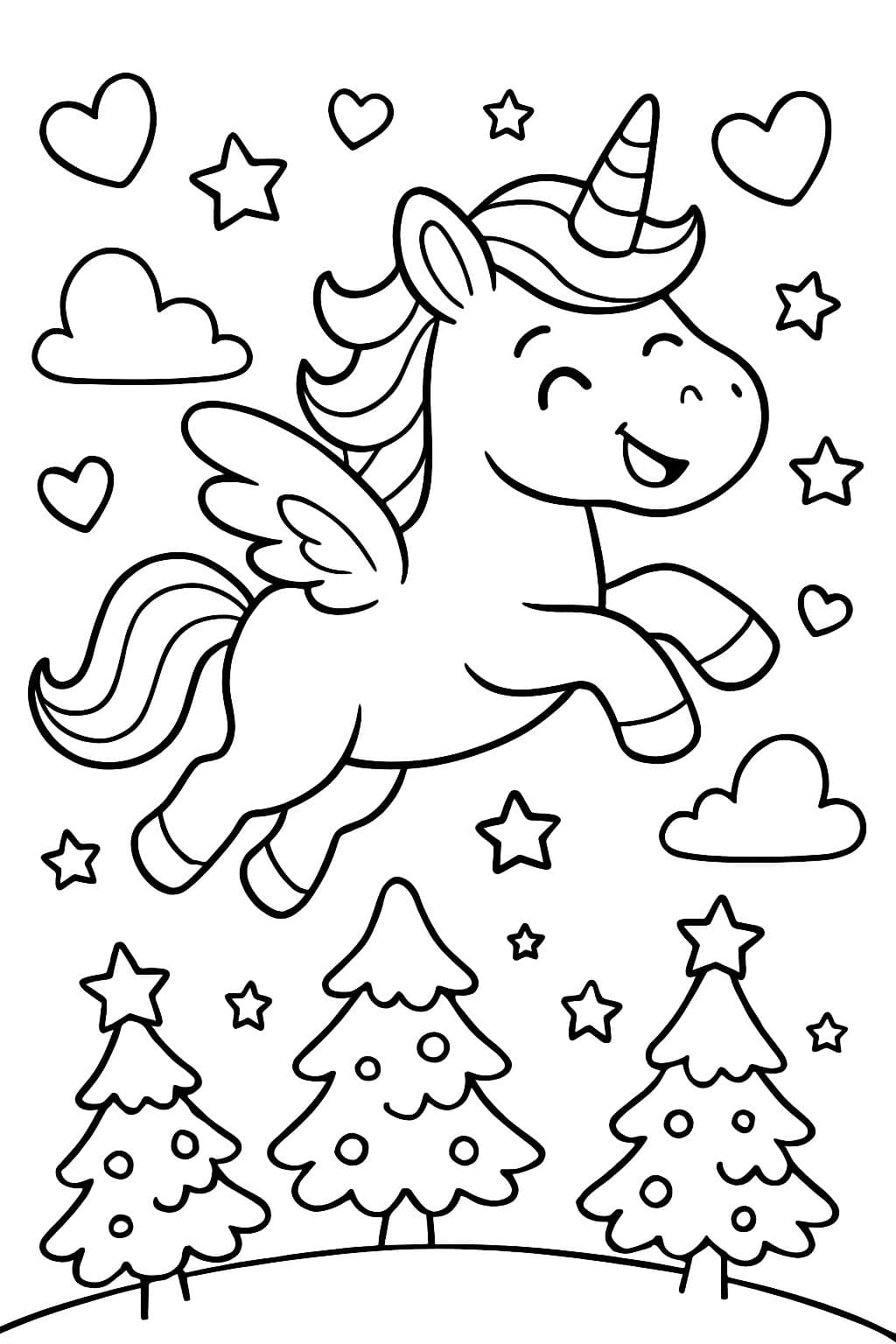 Einhorn fliegt durch den Himmel über Weihnachtsbäume mit Herzen und Sternen im Himmel