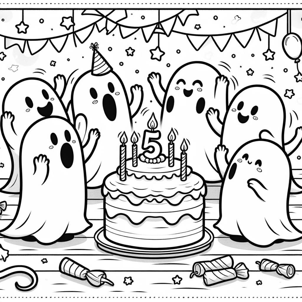 5 männliche Gespenster, die einen 5ten Geburtstag feiern und einen kuchen mit 5 kerzen