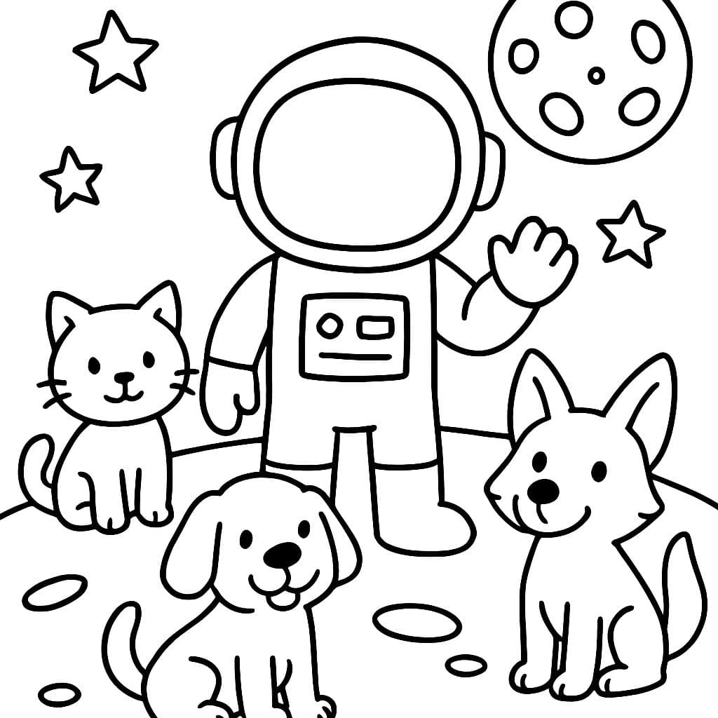 Un gatito, un perro y un coyote con un astronauta en la luna.