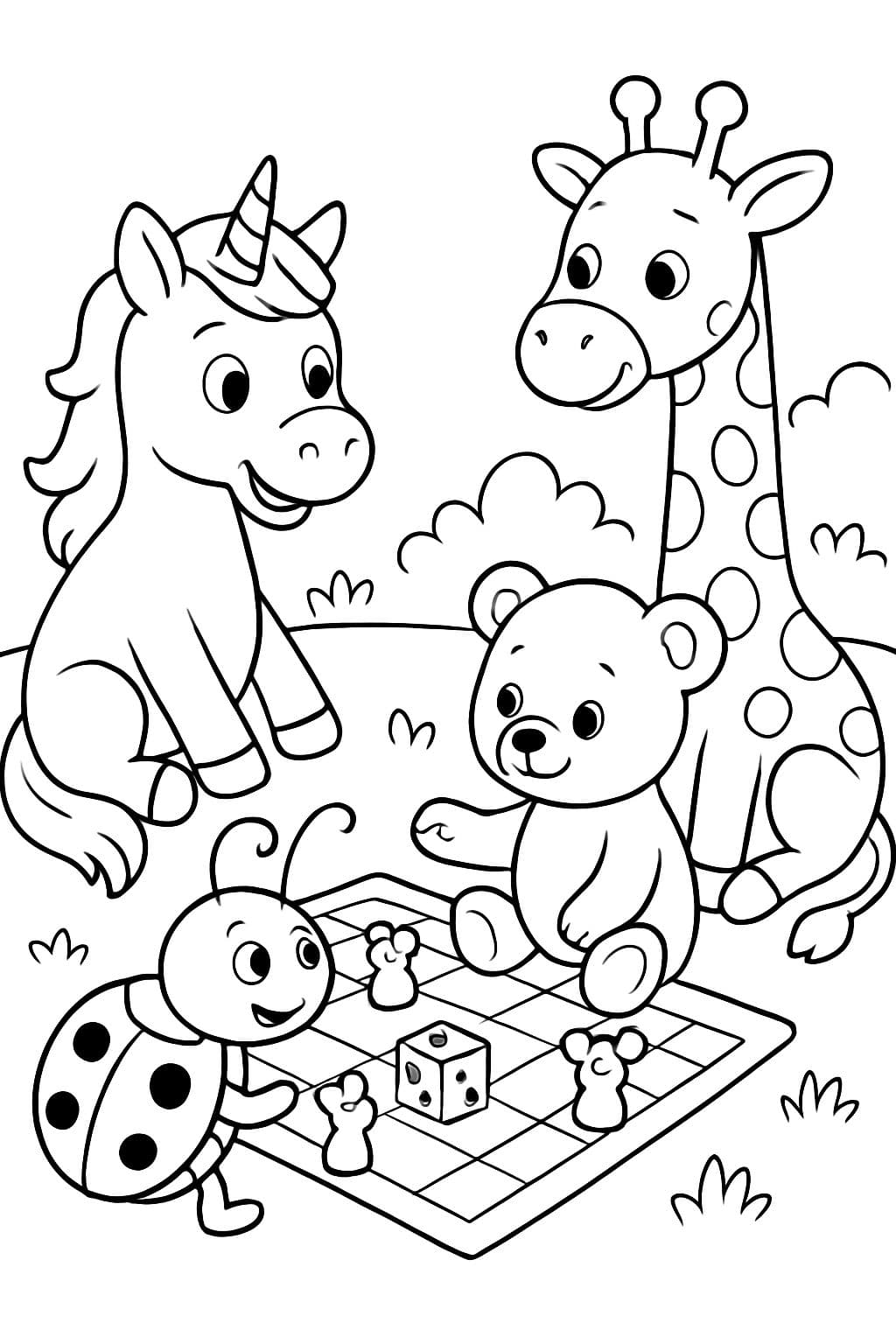 Un unicorn, un scarabée, un ours en peluche et une girafe jouent à un jeu de dés avec des pions qui ressemblent à des souris.