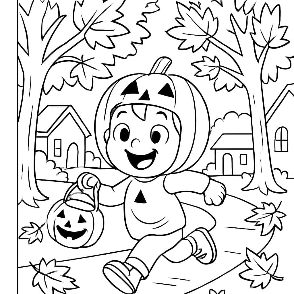 A kid dressed as a jack-o-lantern trick or treating down a street lined with maple trees.