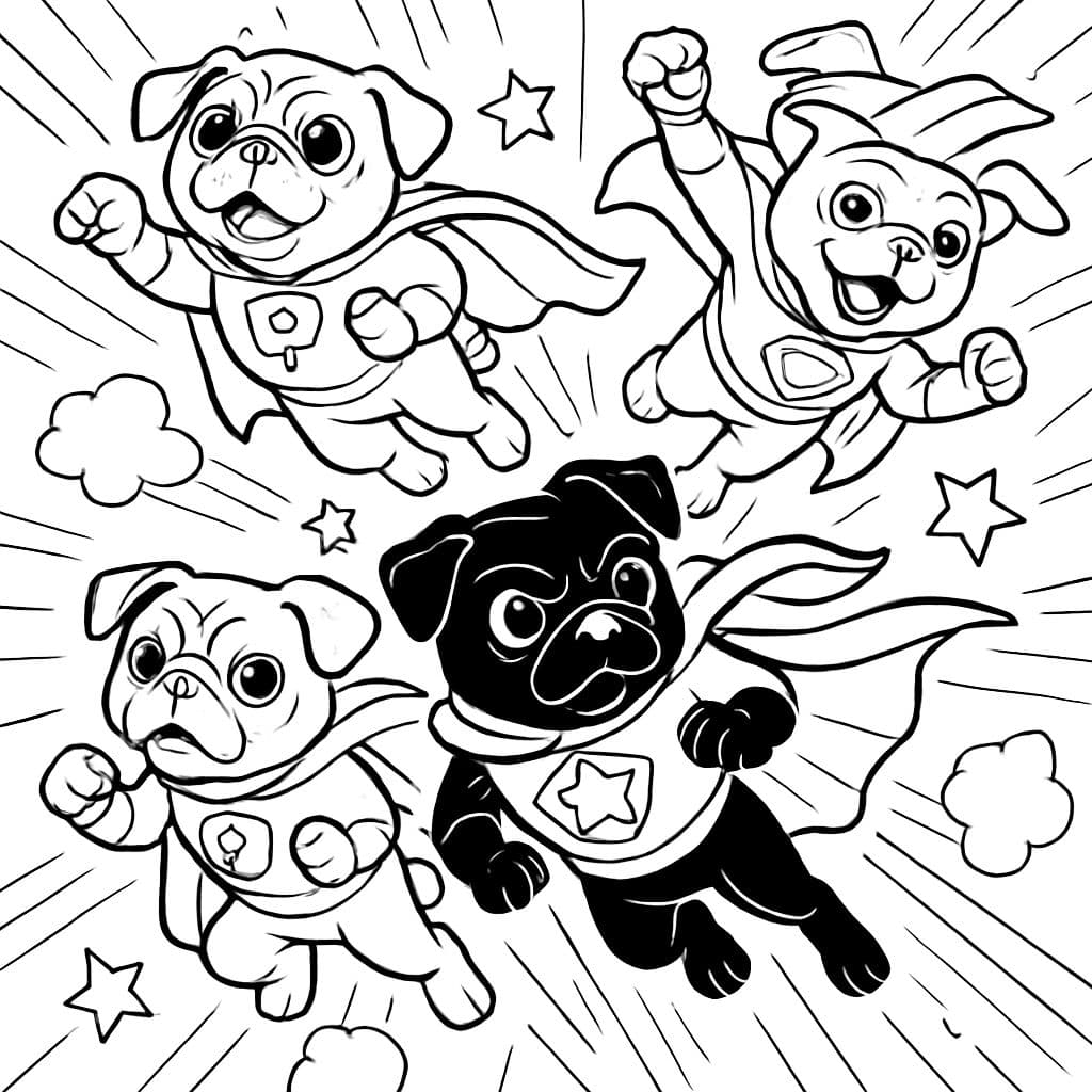 Cuatro pugs (uno es negro) vestidos como superhéroes