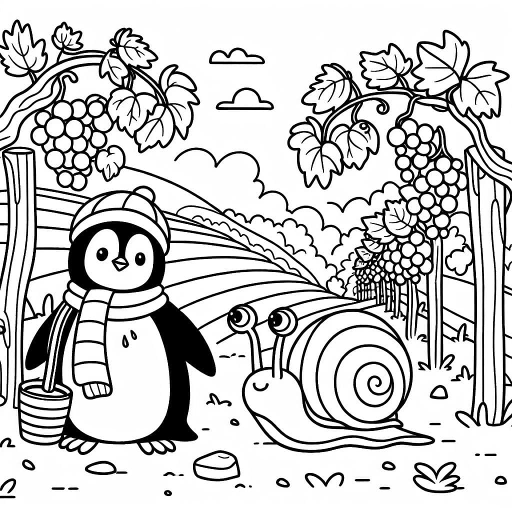 Einen pinguin und eine weinbergschnecke im weinberg
