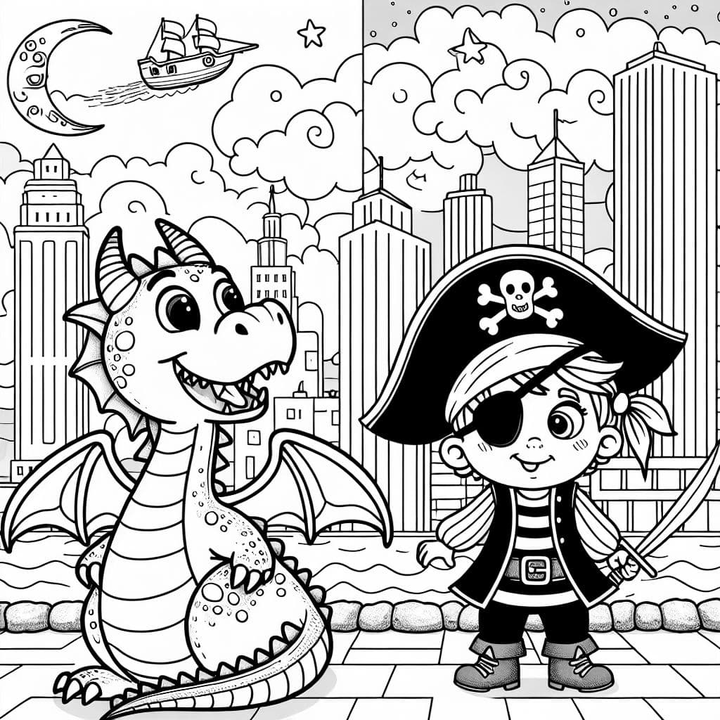 Ein drache wohnt in einem Hochhaus mit einem Pirat