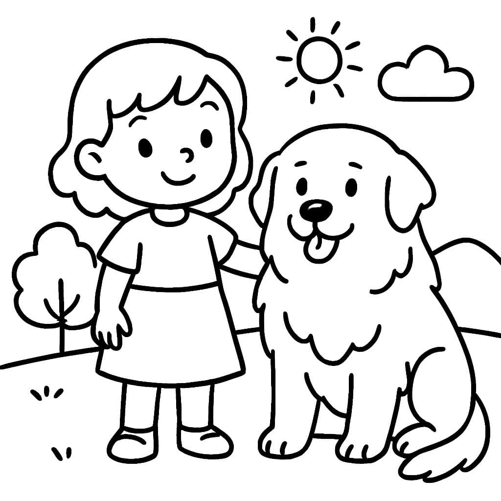 a little girl with shoulder-length wavy hair standing with her great Pyrenees