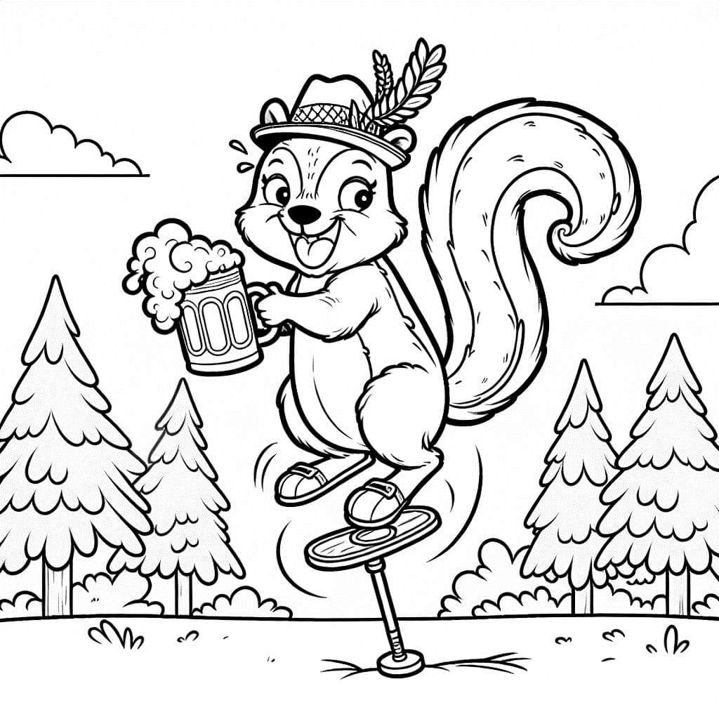 una ardilla con una jarra de cerveza y un sombrero tradicional en un pogo stick