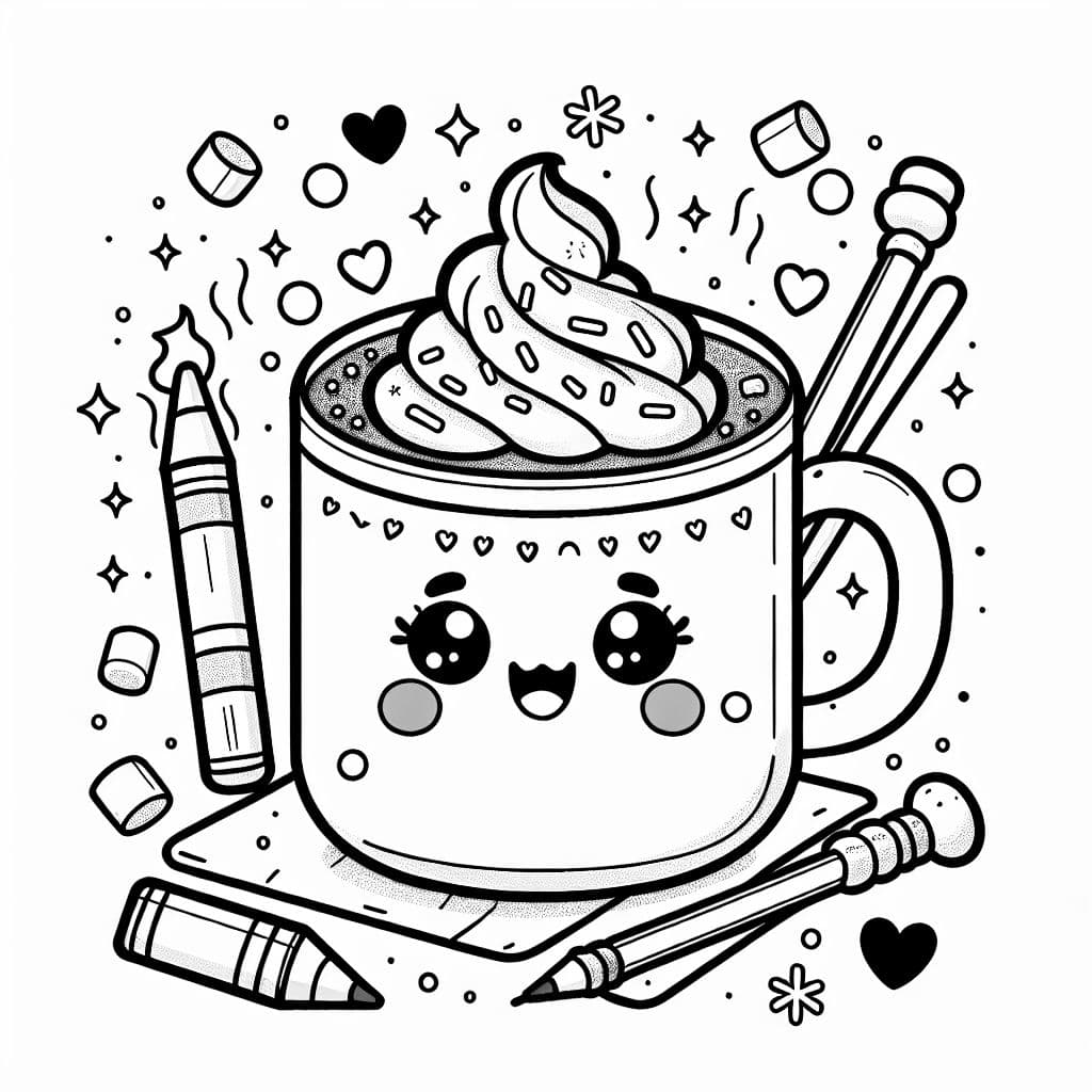 Una taza de chocolate caliente con una cara linda, crema batida, chispas y malvaviscos.