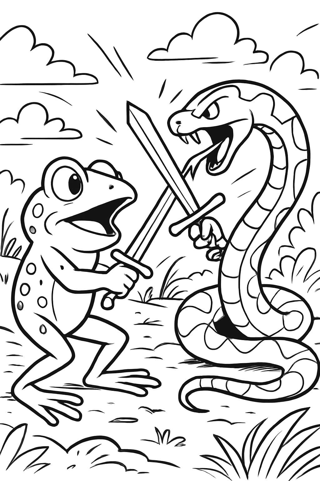 Una rana y una serpiente teniendo una pelea con espadas.