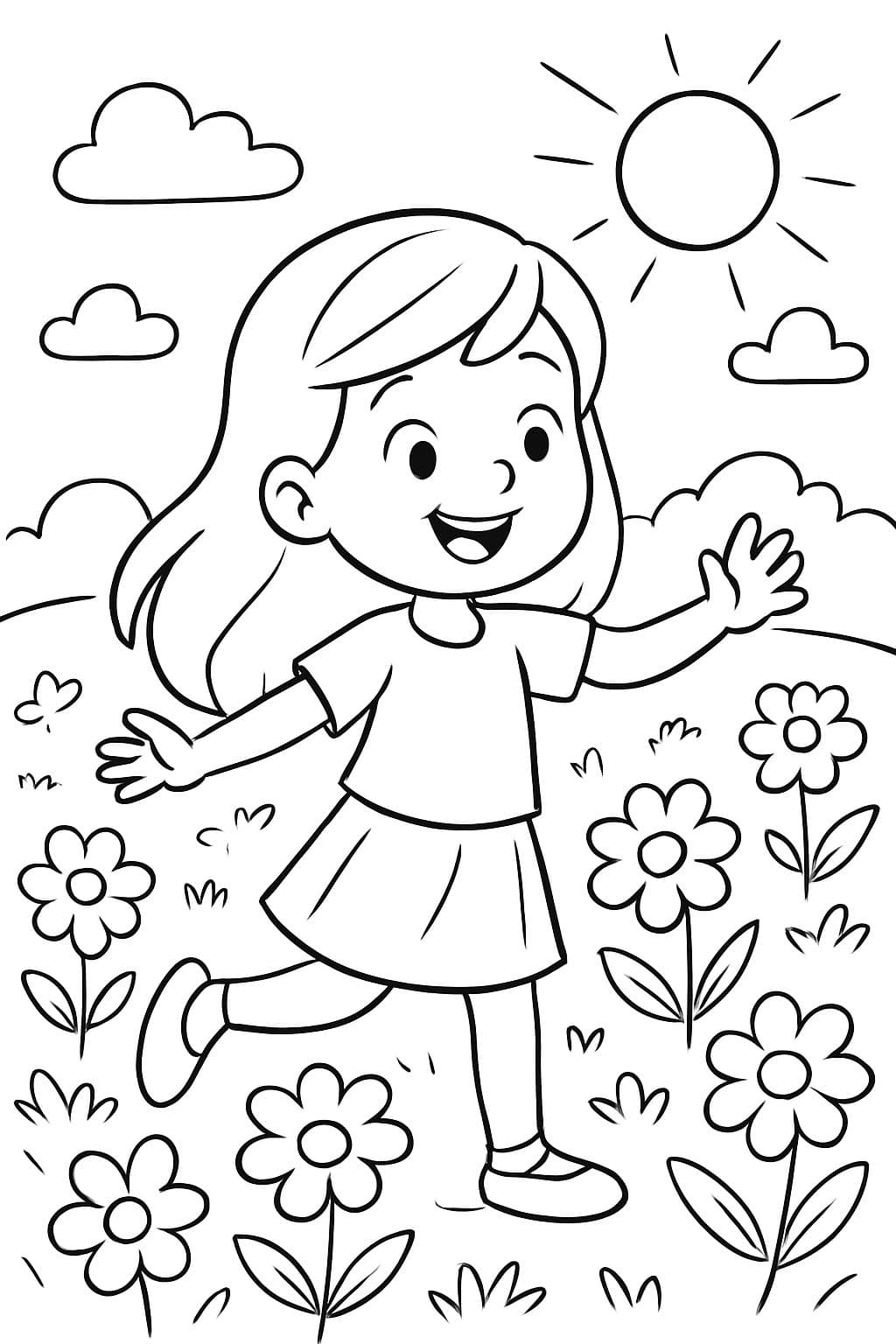 Niña de seis años con cabello largo en un campo de flores