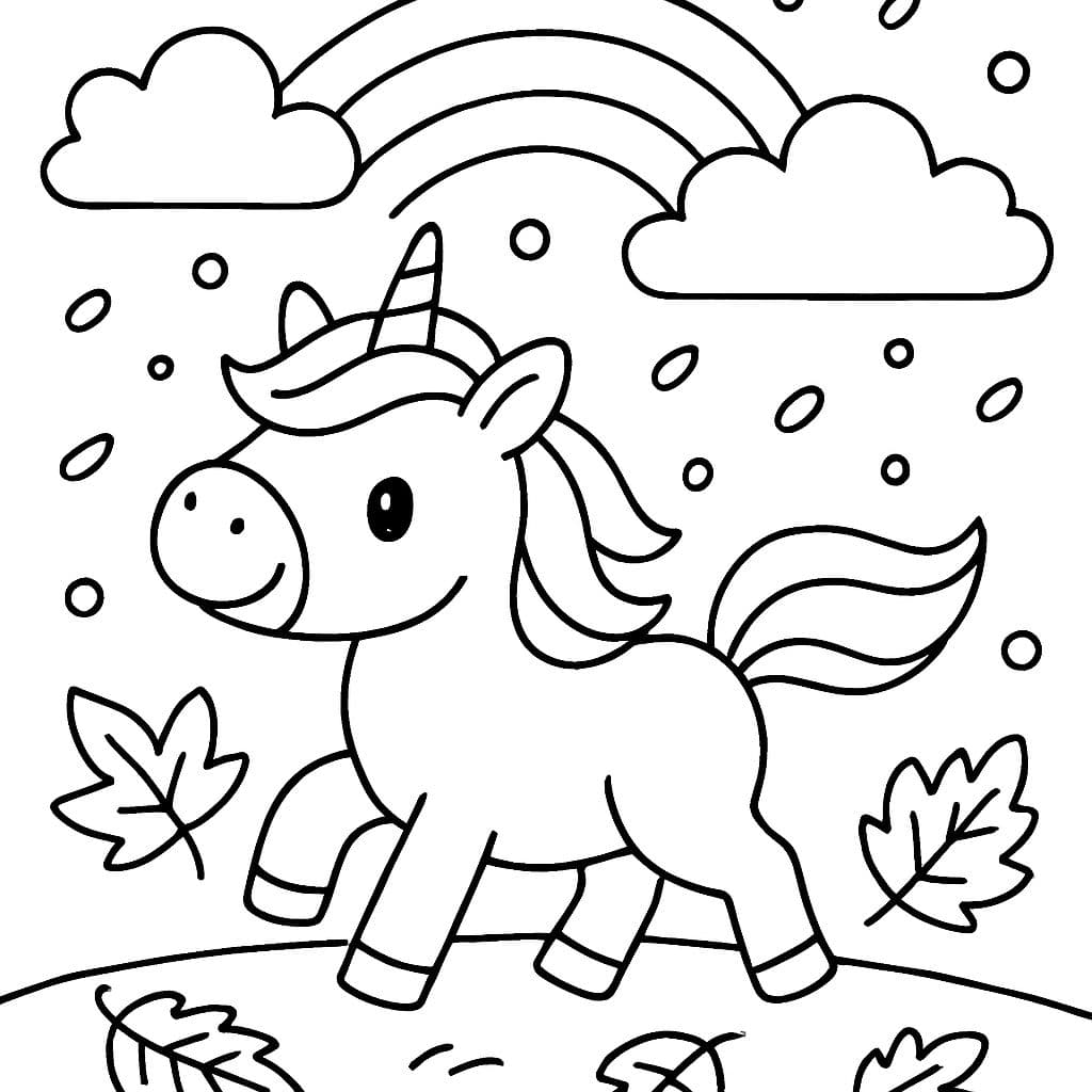 ein Einhorn im Herbst mit Regenbogen, Konfetti und Wolken