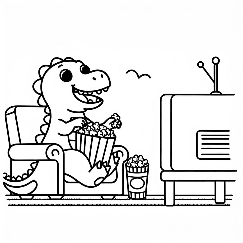 a happy dinosaur eating popcorn and watching tv