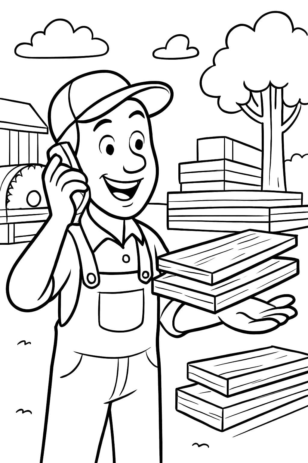 um homem está falando ao telefone celular em uma serraria e vendendo tábuas