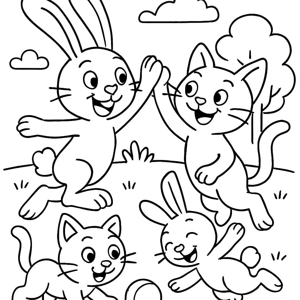 Cat And Rabbit Coloring 'Rabbits and cats play together' Coloring Page | bubbely