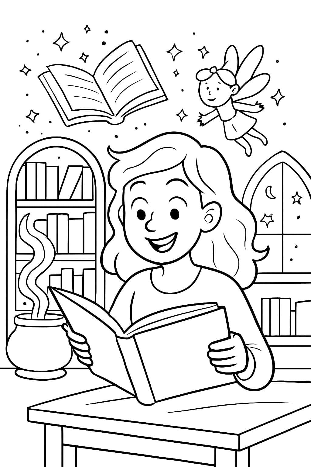 Magical Library Coloring 'a magical library with a woman reading' Coloring Page | bubbely