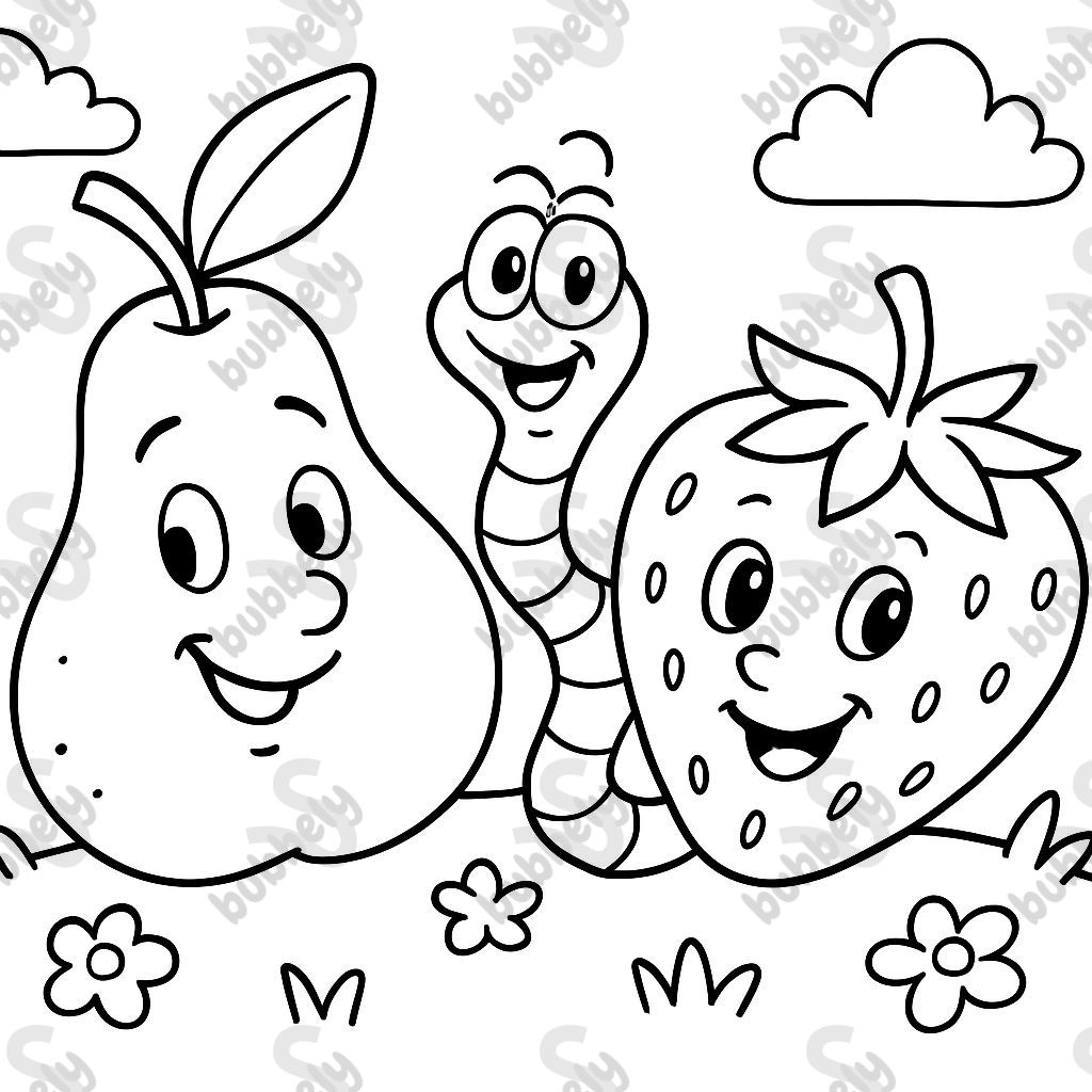 a worm between a pear and a strawberry