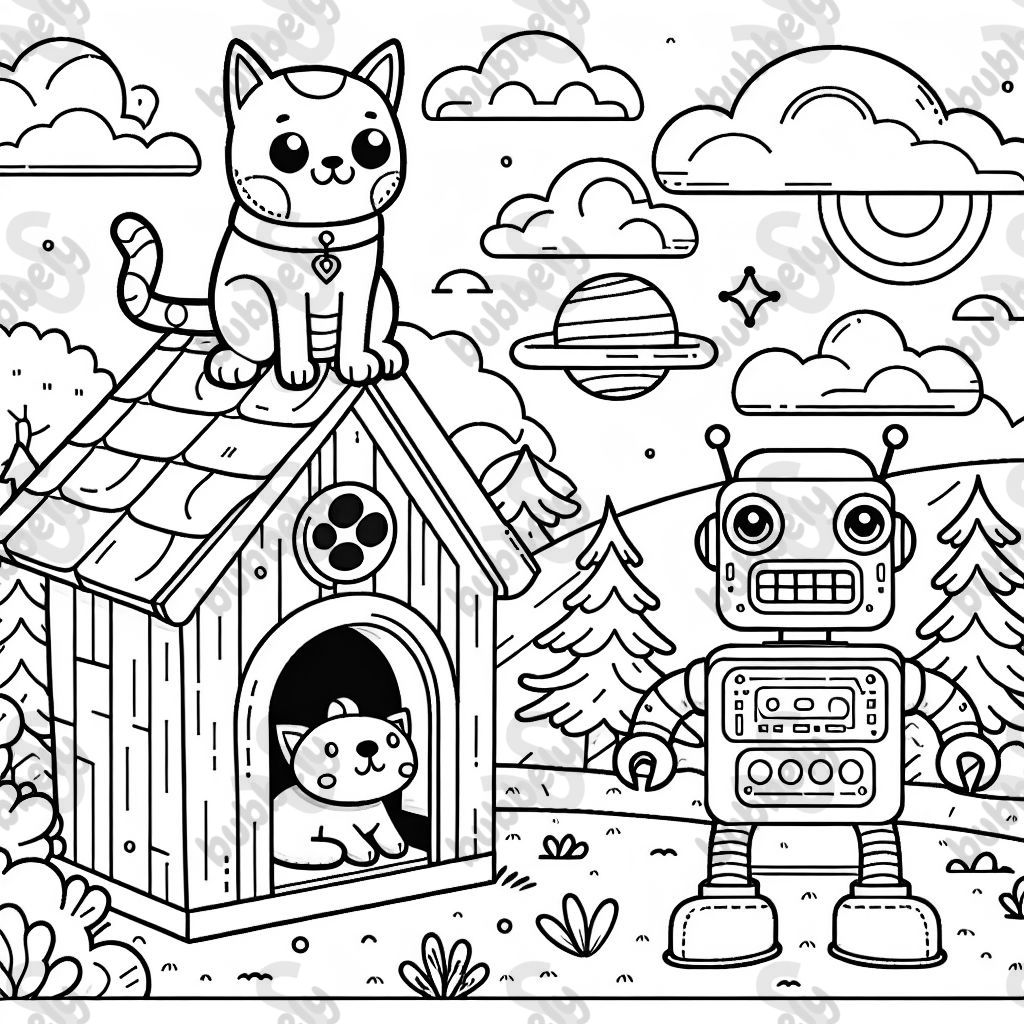 Katze auf hundehütte mit roboter