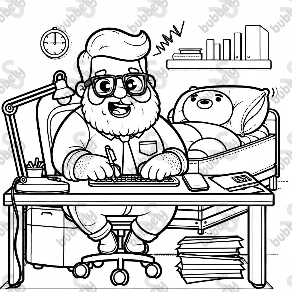 einen dicken Büro Mann mit Vollbart und Brille der am fressen ist und in einem elektrischen Bett am Tisch arbeitet