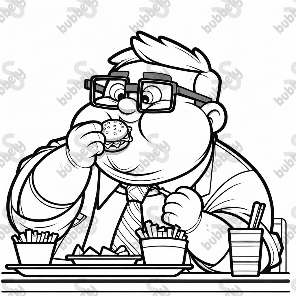 einen dicken Büro Mann mit Brille der am fressen ist