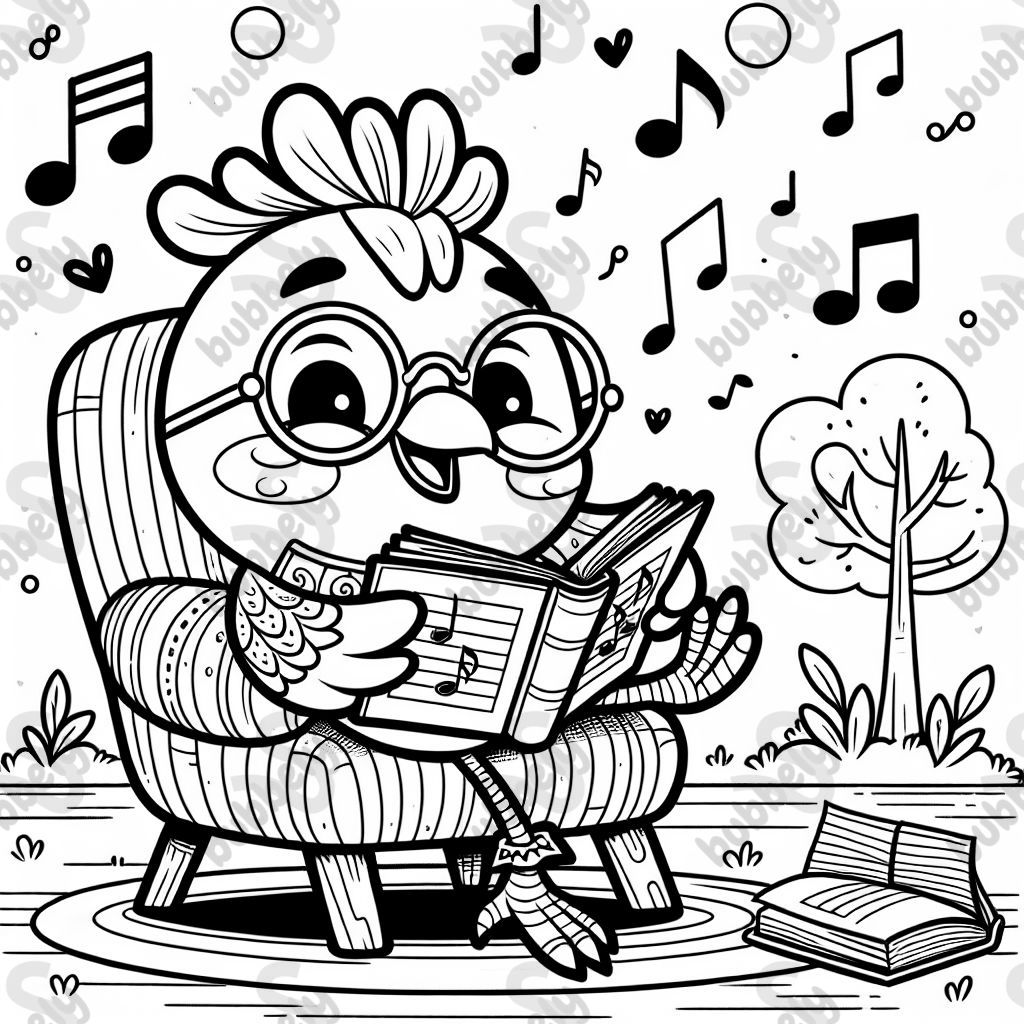 einen Vogel der gemütlich auf seinem Stuhl sitzt und die Beine überschlagen hat. Er hat ein Gesangsbuch in der Hand und eine Lesebrille auf und zwitschert fröhlich Lieder.