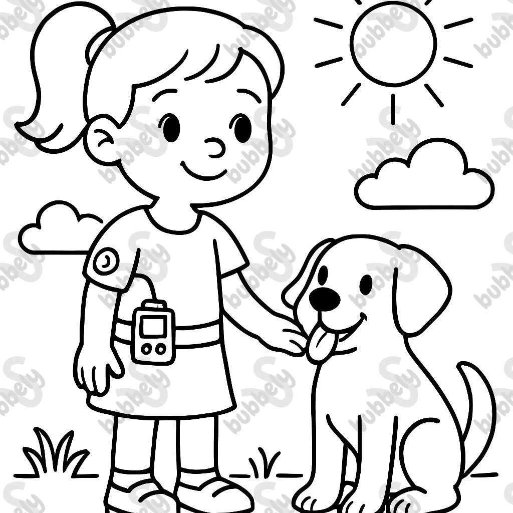 Fille diabétique avec capteur et pompe avec son chien