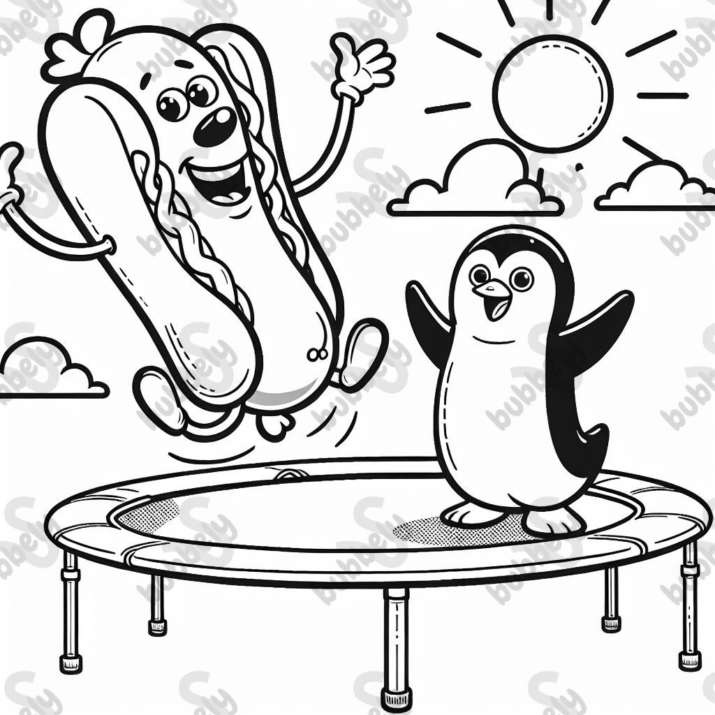 Eine Bratwurst, die mit einem KUSCHELTIER-PInguin Trampolin springt