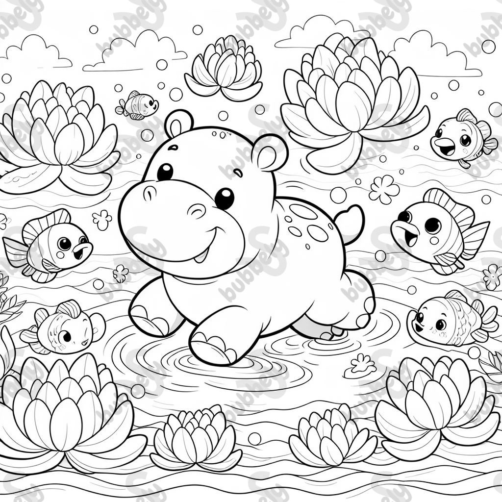 Cute hippo surrounded by lotus flowers and a school of fish