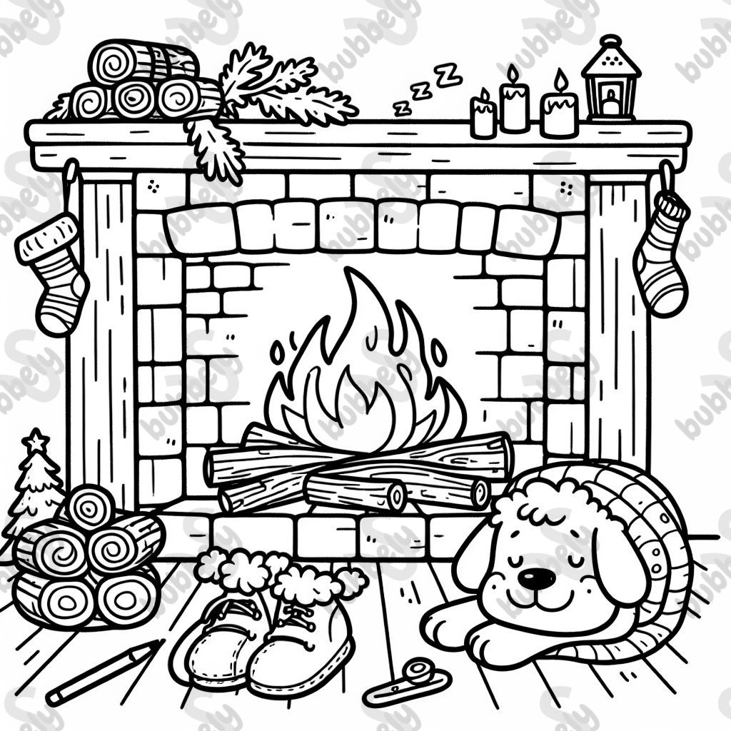 A fireplace with crackling logs, a pair of slippers, and a sleeping dog.