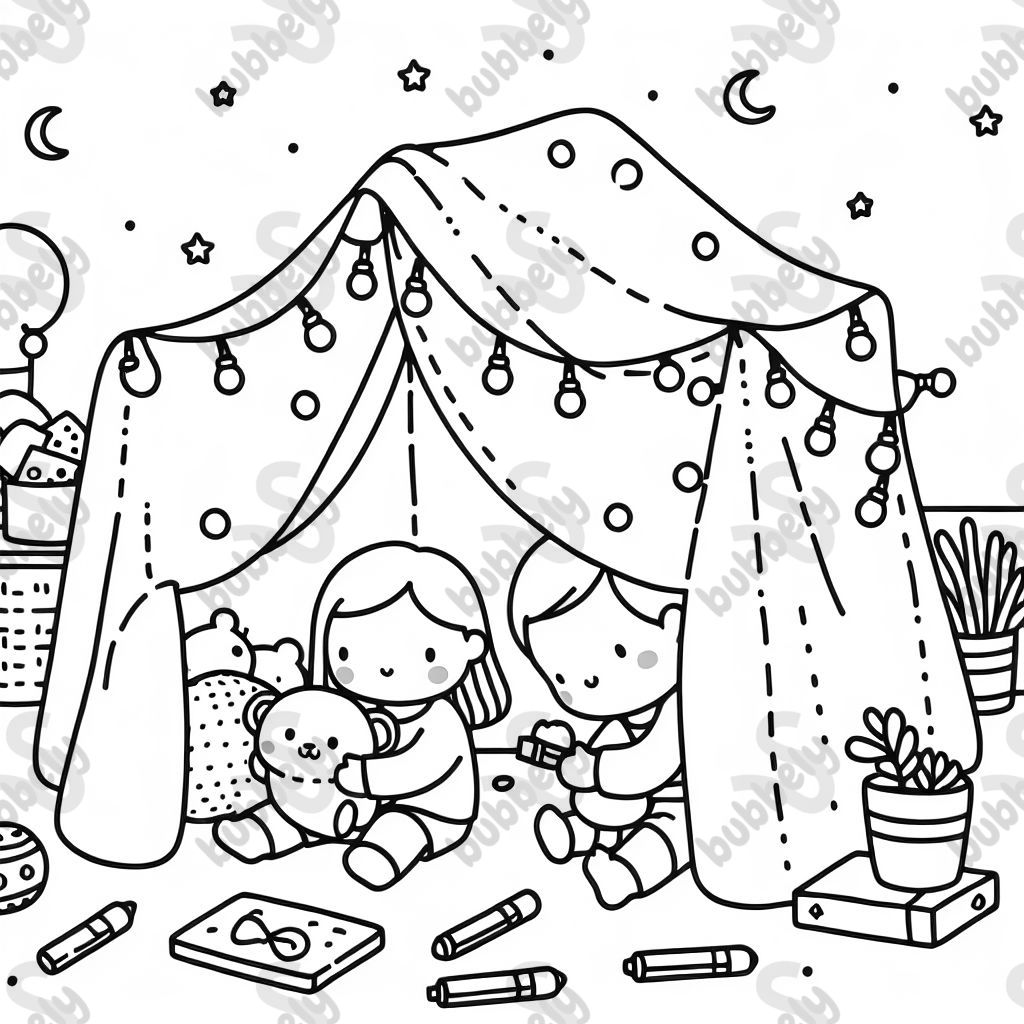 A child building a blanket fort with fairy lights and stuffed animals inside. A child building a blanket fort with fairy lights and stuffed animals inside.