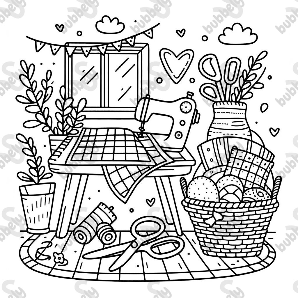 Une pièce de couture avec un panier de tissus, des ciseaux et un quilt à moitié fini. Une pièce de couture avec un panier de tissus, des ciseaux et un quilt à moitié fini.