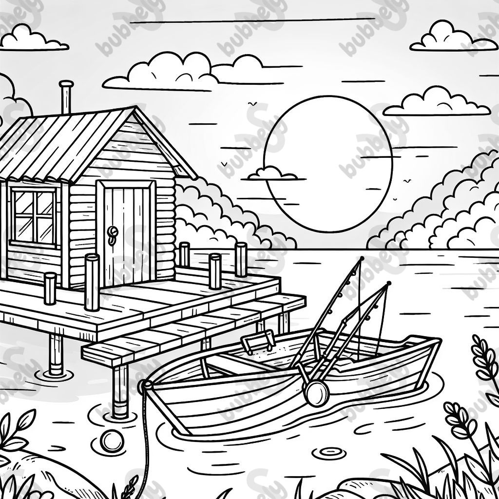 A little boat docked by a lakeside cabin with fishing poles and a sunset.