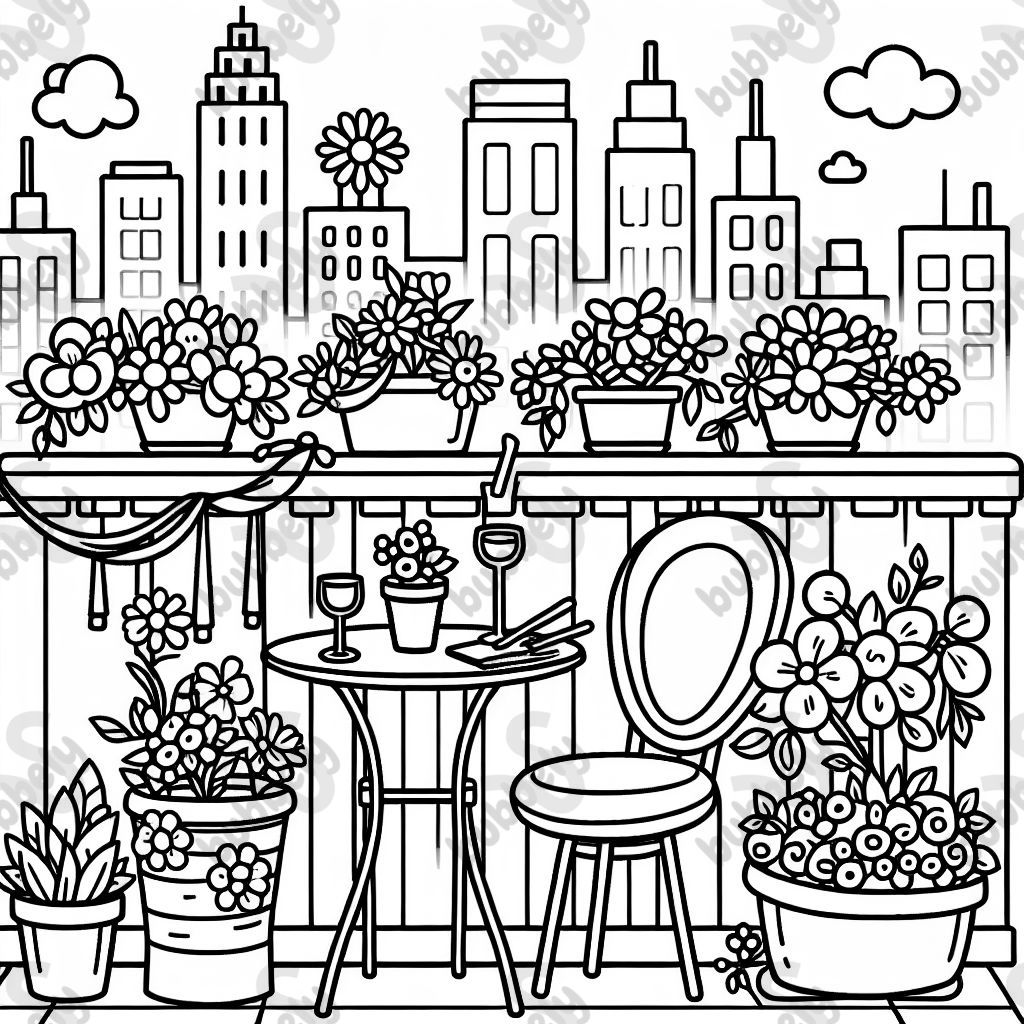 A small balcony with flower pots, a bistro set, and a city skyline.