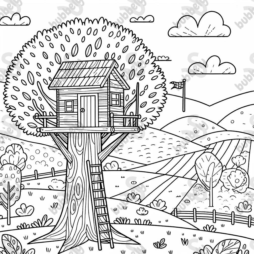A treehouse with a ladder, a tiny flag, and a view of rolling hills.