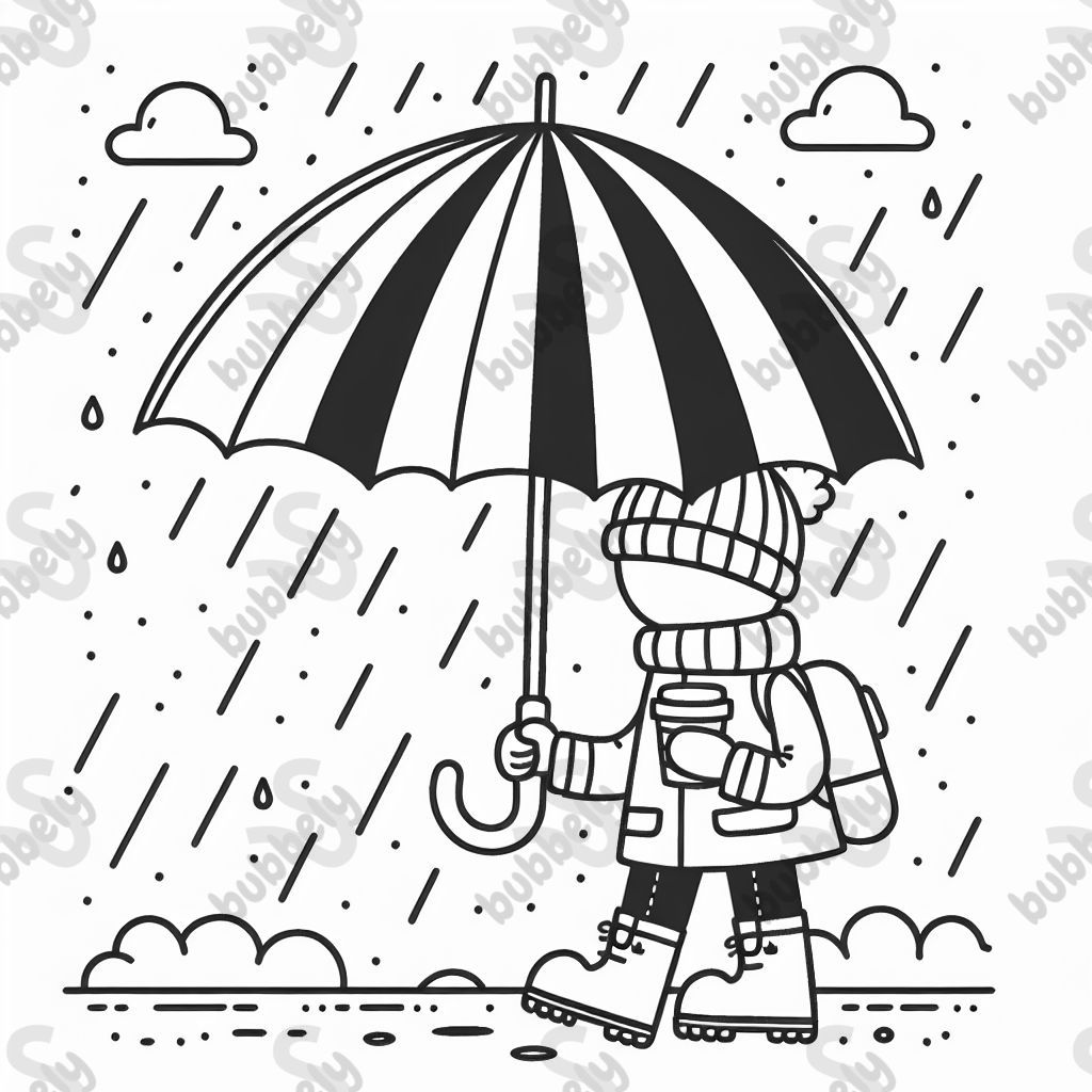 A rainy-day scene with a person under a big umbrella, wearing boots and holding a coffee cup.