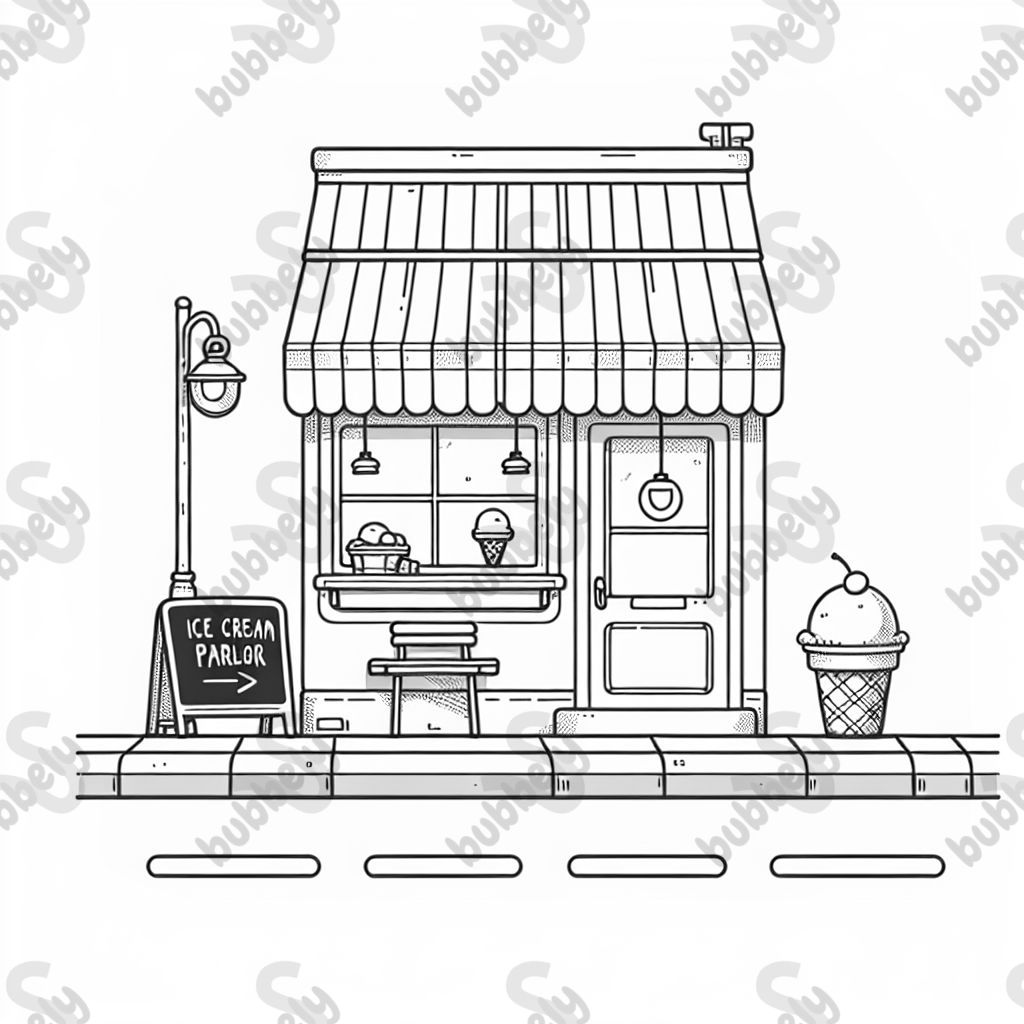 A tiny ice cream parlor with a striped awning and a chalkboard menu.