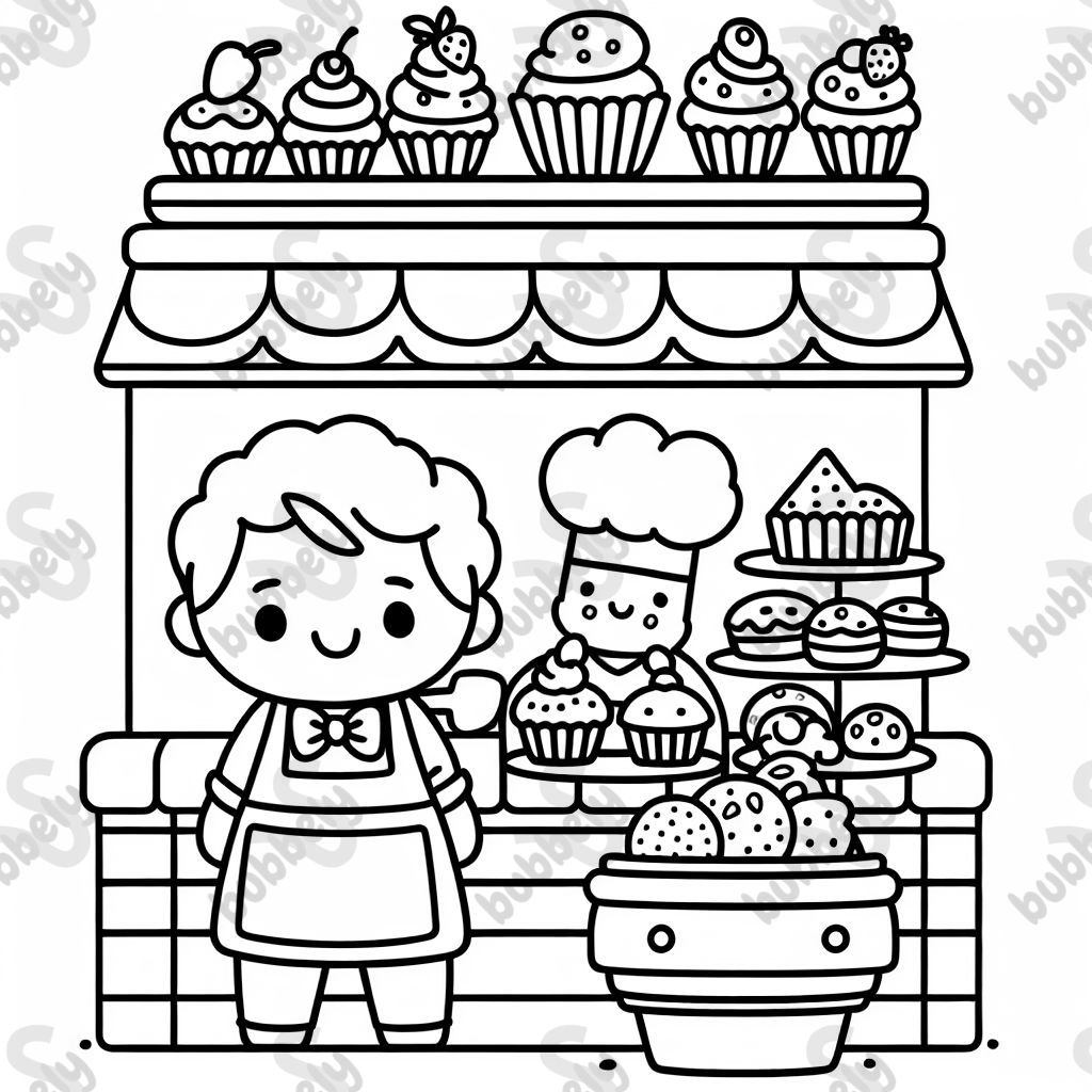 A small bakery with a display of cupcakes, cookies, and a friendly baker. A small bakery with a display of cupcakes, cookies, and a friendly baker.