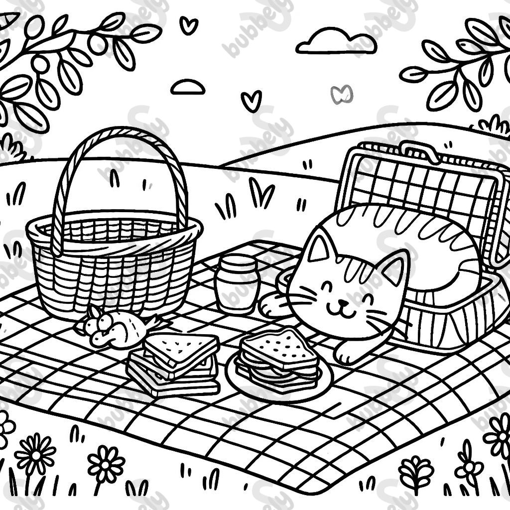 A picnic blanket in a meadow with a basket, sandwiches, and a lazy cat.