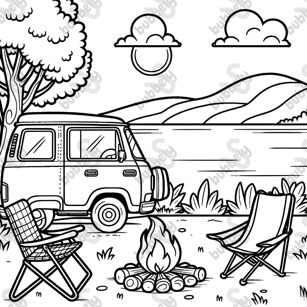 A little camper van parked by a lake with a folding chair and a campfire.