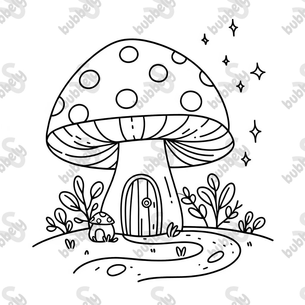 A tiny fairy house under a mushroom with a little door and a winding path. A tiny fairy house under a mushroom with a little door and a winding path.