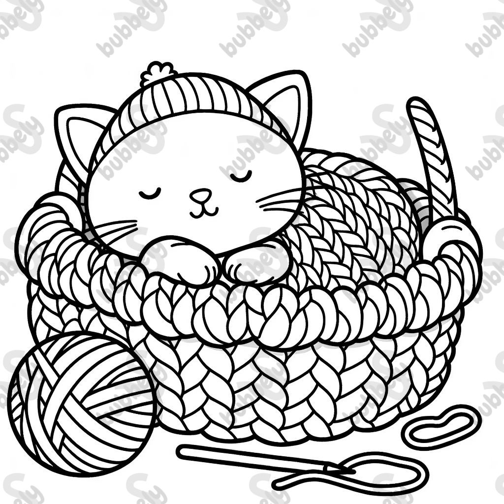 A kitten curled up in a knitted blanket basket with a ball of yarn nearby.