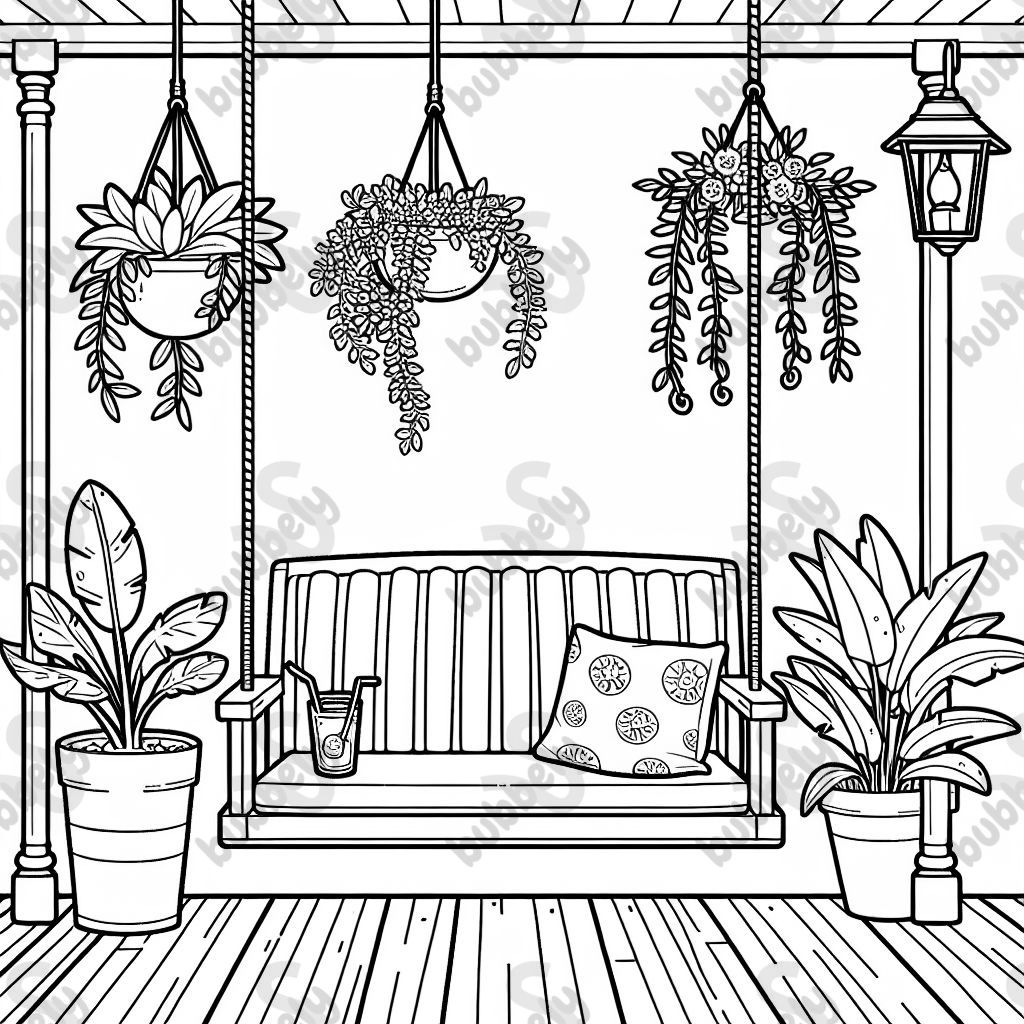 A porch swing with hanging plants and a cup of lemonade.