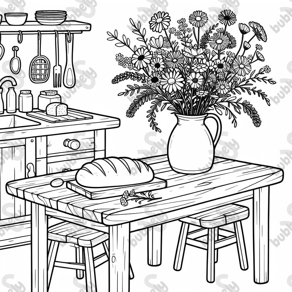 A rustic kitchen with a wooden table, fresh bread, and a vase of wildflowers.