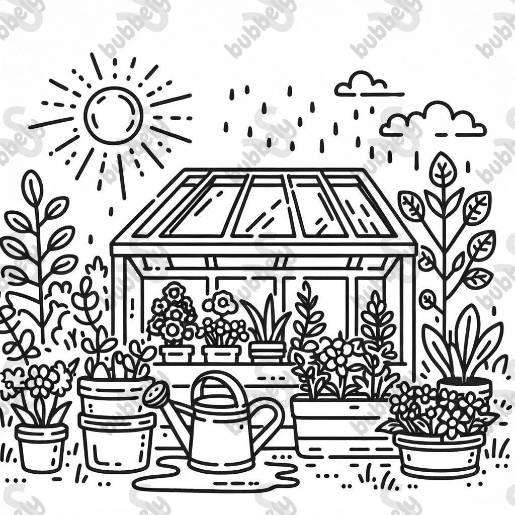 A small greenhouse filled with potted plants, a watering can, and sunshine streaming in.