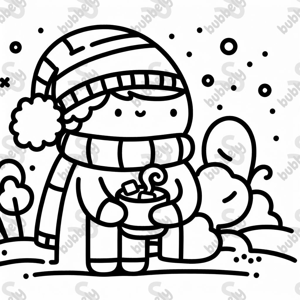 A winter scene with a person wrapped in a scarf, holding hot cocoa with marshmallows.