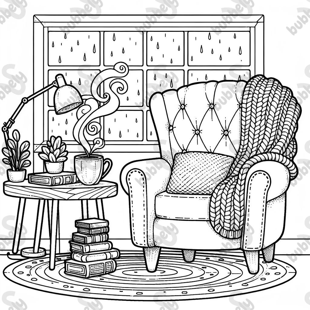 A plush oversized armchair with visible stitching and tufted details, nestled beside a wooden side table holding a steaming mug of tea (with visible swirls of steam) and a stack of three books with decorative spines. A knitted blanket drapes over the chair, and a round rug with a geometric pattern sits underneath. A small potted plant and a reading lamp with a fabric shade complete the scene. The window in the background shows gentle rain streaks.