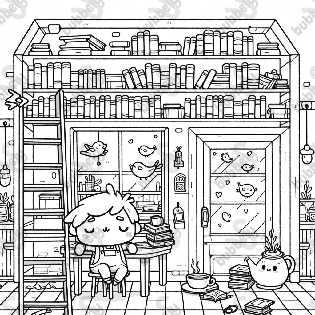 A tiny bookstore with shelves of books, a ladder, and a snoozing shopkeeper. A tiny bookstore with shelves of books, a ladder, and a snoozing shopkeeper.
